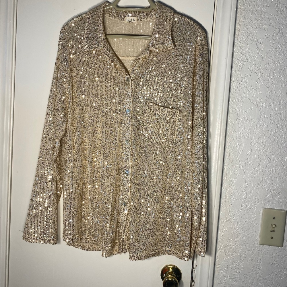POL Gold Sequin Button Down Shirt Long Sleeve luxury Top Womens‎ Medium